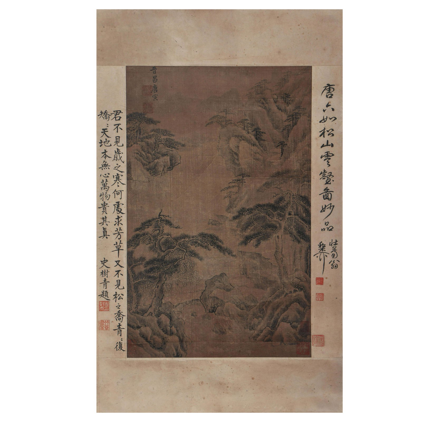 A CHINESE PAINTING OF PINE TREES AND MOUNTAINS,SIGNED TANGYIN (1 of 6)