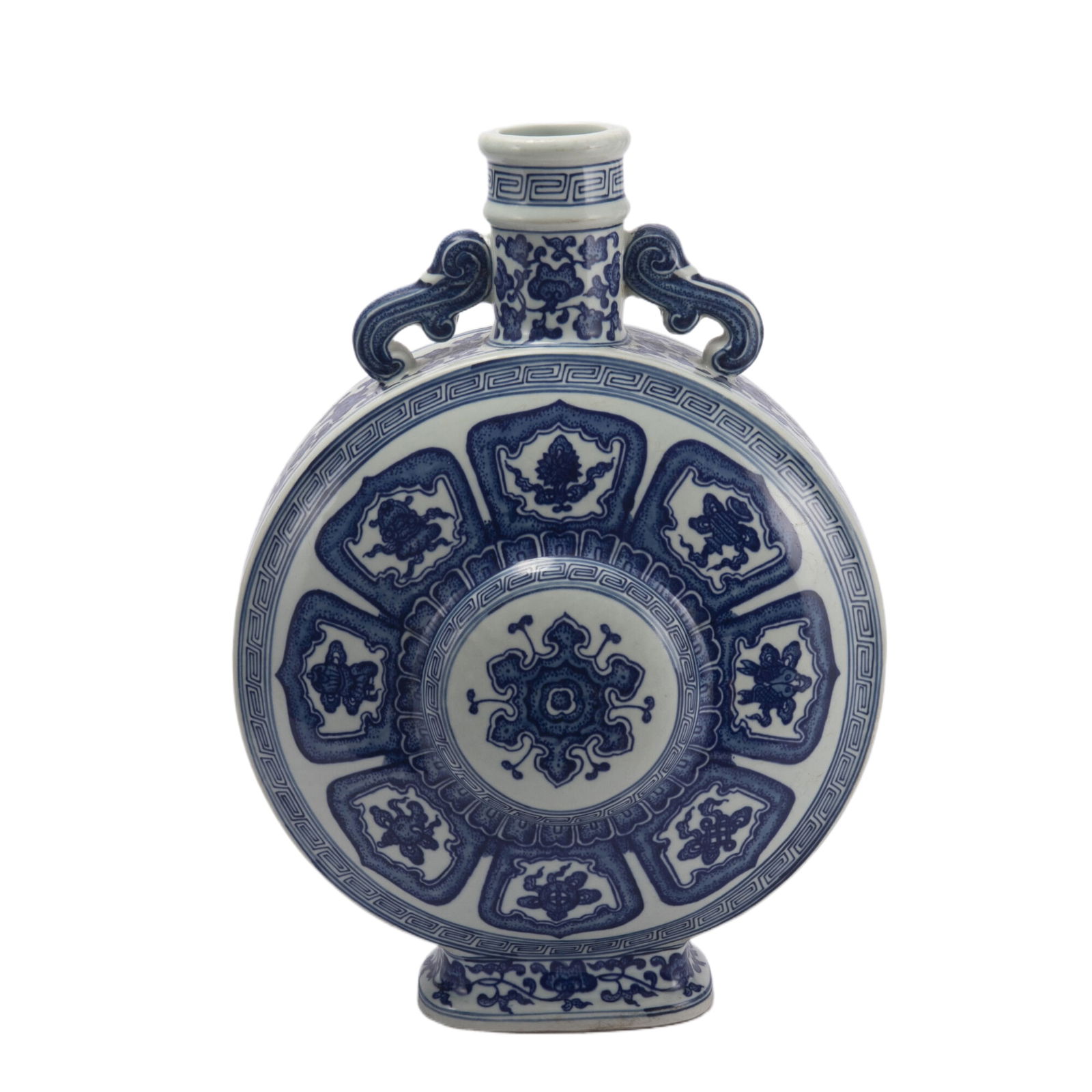 A BLUE AND WHITE PORCELAIN MOON FLASK: A BLUE AND WHITE PORCELAIN MOON FLASK Caliber. 7.3 cm. Basal diameter. 15.2 cm. H. 44.5 cm. Weight 4820 gram. The flattened globular body rising from a short oval foot to a slender neck flanked by a p