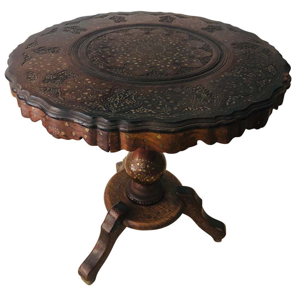 Boule Inlaid Centre, End, Lamp/Card Table, Hand Carved: Boule inlaid centre, end, lamp or card table. A 1970s Boule, possibly Syrian, brass inlaid wood hand carved center table, end table or card table with tripod pedestal base. The table features magnific