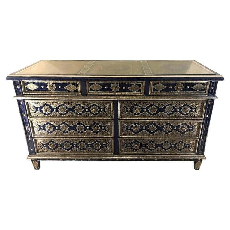 Hollywood Regency Inlaid Blue Large Sideboard, Commode: Hollywood Regency Inlaid Blue Large Sideboard, Commode or Dresser In an electric Blue Majorelle color inspired by the legendary Yves Saint Laurent, this charming chest with nine drawers will add uniqu