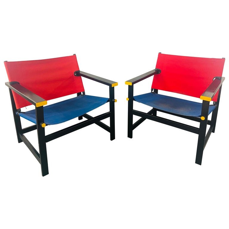 Mondrian Red and Blue Style Sling Chair, a Pair (1 of 10)