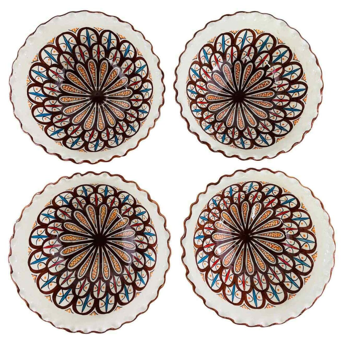 Vintage Handmade Moroccan Ceramic Large Bowl in White and Brown, a Set of Four (1 of 6)