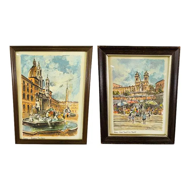 City of Rome Scenery Print Framed and Signed, a Compatible Pair: A pair of beautiful prints signed by artist A.Bermadon. One print entitled "Roma - Santa Trinita Dei Monti" presents an impressionistic street scenery of people walking up the Spanish steps of Rome in