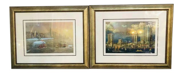Alexander Chen Stereolithograph Signed and Numbered Framed Print, a Pair: A pair of Alexander Chen Stereolithography Signed and Numbered Framed Prints. One print is titled "Aloha Tower" and the other "Hong King Evening". Each print is finely framed in custom matted frame. D