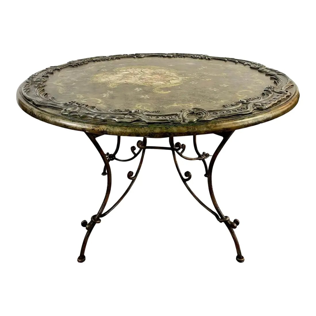Rene Drouet Style French Neoclassical Hand Painted Floral Top and Wrought Iron: An exquisite French Neoclassical style round center table or dining table in the style of Rene Drouet (French, 1899). The beautiful table top is hand painted featuring floral design and a large flower