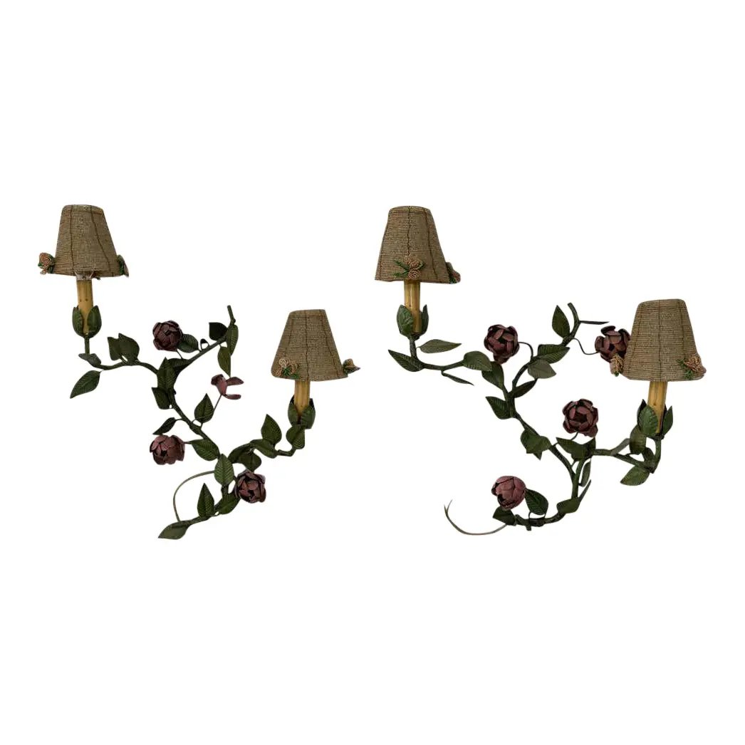 Wrought Iron Floral Wall Sconce With Beaded Shades - a Pair (1 of 7)