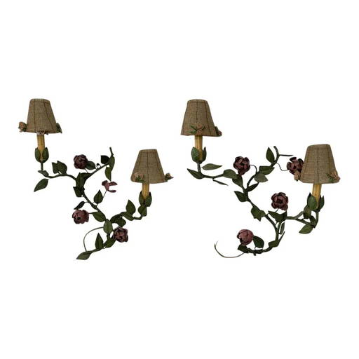 Wrought Iron Floral Wall Sconce With Beaded Shades A Pair