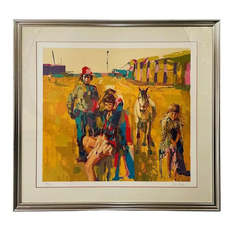 Nicola Simbari's 'La Famille Du Cirque' Signed and Numbered Print: A large serigraph by Nicola Simbari ( Italian, 1927-2012) entitled " la famille du cirque " edition 60/300. The colorful portrait of circus artists is hand signed and numbered by the artist and finely