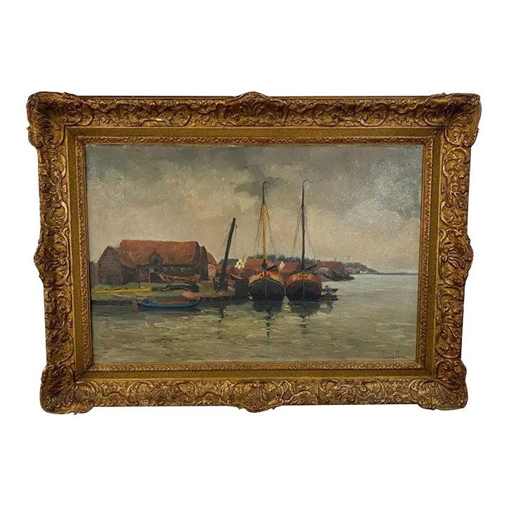 Impressionistic Oil on Canvas Painting of Boats, Signed, 1900's (1 of 7)