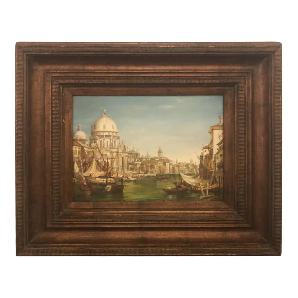 Custom Wooden Framed European Canal Scene Oil on Panel (1 of 8)