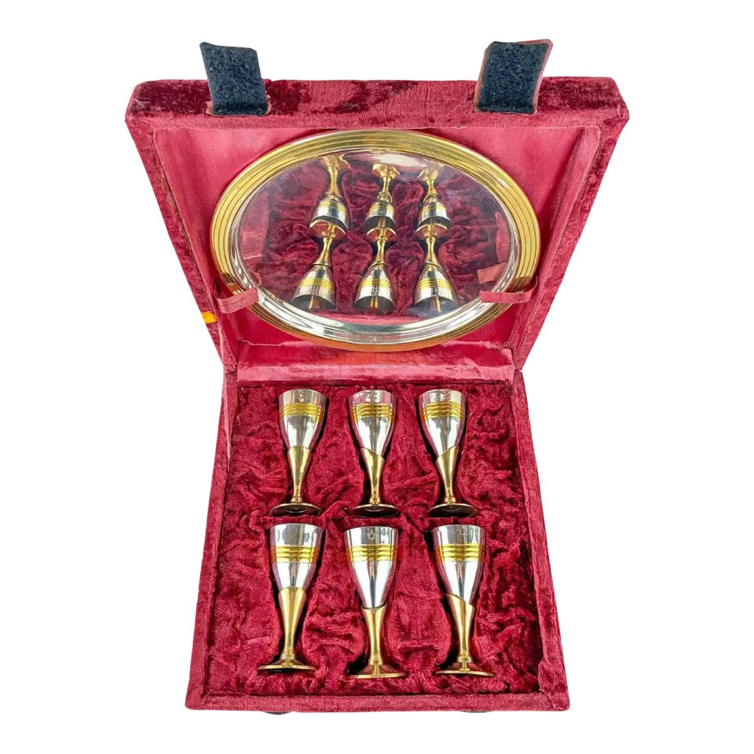 Gold and Silver Plated Cordial Liquor, Set of 6: A set of 6 gold and silver plated cordial liquor or spirits glasses, cups to goblets. The set of 6 cups are presented in a red velvet box with a decorative oval mirror attached to its interior. Dimens