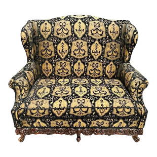 Rococo Style Settee, Sofa or Canape in Fine Black and Beige Upholstery: 19th-early 20th century settee / canape or loveseat in Rococo style having a fine Fabric. This is simply the finest find of wonderfully covered and carved oversized settee or canape anyone could wish