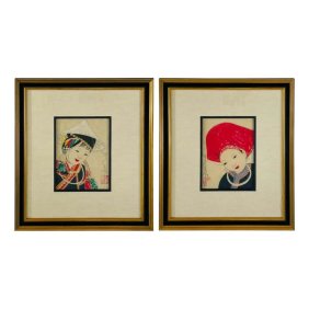 Antique Japanese Asian Women Portrait Etching Print Signed, a Pair