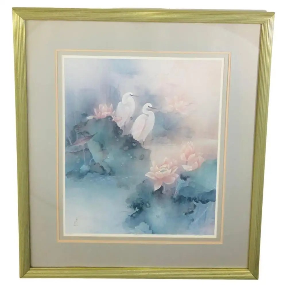 Vintage Lena Liu Signed, Numbered and Framed Herons and Flowers Print: A beautiful print by Lena Liu (Taiwan, 1951) depicting herons and flowers in a light blue and pink tone colors. The print is signed and numbered as well as finely presented in custom gold frame with g