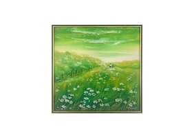 Daisies Green Field Landscape Oil on Panel Painting , Signed