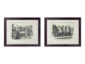 William Sharp Court Room Scene Lithograph, Signed & Framed , a Pair