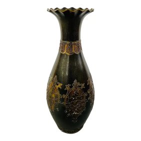 Monumental Art Nouveau Black & Gold Enameled Vase With Floral Etching Design