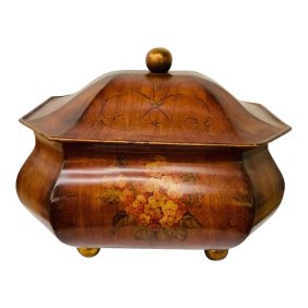 Vintage Hand Painted Brown Metal Chest or Box With Floral Design