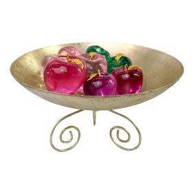 Lucite Multicolor Apples in Center Silver Metal Bowl