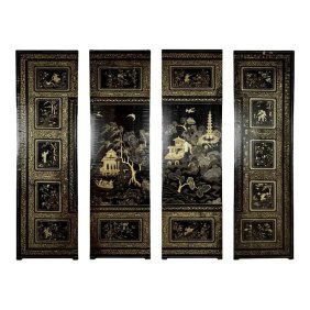 Antique Asian Chinese Back Lacquered Four Wall Panels