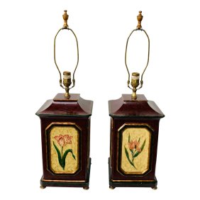 Oriental Hand-Painted Wooden Table Lamp With Floral Decoration, a Pair