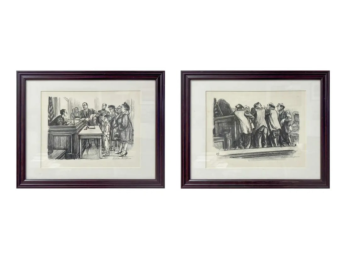 William Sharp Court Room Scene Lithograph, Signed & Framed, a Pair: A pair of William Alexander Sharp (American, 1900 - 1961) lithographs , created circa 1940's , portraying a court scene. One lithograph showing lawyers "Side bench" in front of the judge. The second o