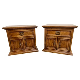 Drexel Heritage Campaign Style Pecan Wood Nightstand or End Table, a Pair