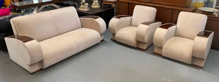French Art Deco Living Room Set in Beige Suede & Rosewood Armrests, 3 Pieces