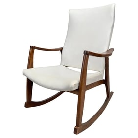 Milo Baughman Style MCM in White Faux Leather Rocking Chair