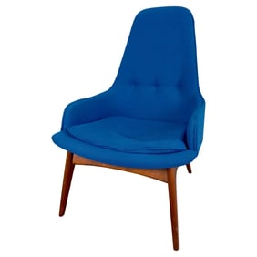 Mid Century Modern Scandinavian Walnut Barrel Armchair in Blue Upholstery
