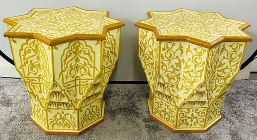 Vintage Moroccan Yellow & White Side or End Table in Star Shape, a Pair