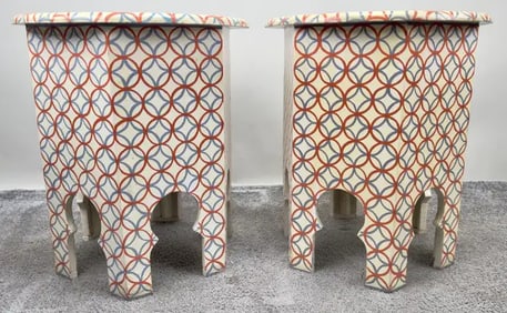 Vintage Moroccan White, Blue & Orange Hand-painted Side or End Table, a Pair