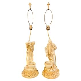 Mid-Century Water Bearers in a Finely Cast Porcelain Finish Table Lamp, a Pair