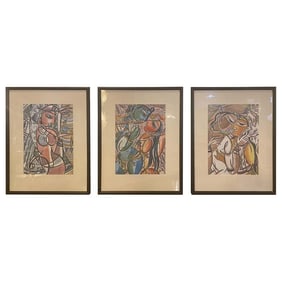 Man and Woman Figurative Water Color Paintings in the Style of Picasso, Set of 3