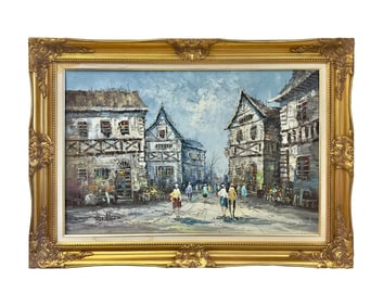 Impressionistic Oil on Canvas Painting of European Street Scene by L.I. Bernard 1940' s