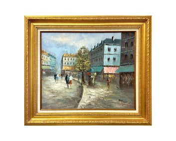 Modern Impressionist European City Street Oil on Canvas by Ambrose, Signed 1980's