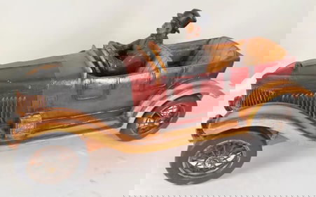 Antique 1913 Model Touring Car and Driver Wooden Hand Painted Sculpture