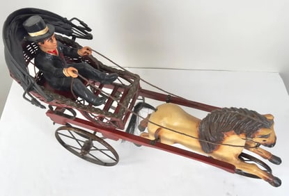 Rare Vintage Large Carved Wood Horse & Carriage with Man Jockey Sculpture