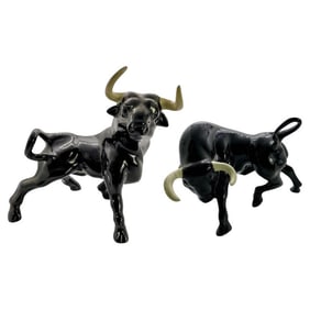 1950's Ceramic Black Bull Figurine with White Horns, a Pair