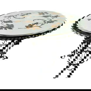 Gilbert Poillerat Style Art Deco Wrought Iron & Mirrored Top Round Center Table: Art Deco wrought Iron center table in the style of Gilbert Poillerat ( French 1902-1988). The table base is finely crafted made of patinated and gilded wrought iron, showing spectacular design and cra