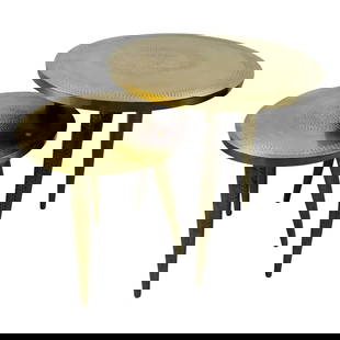 Mid Century Modern Brass Round Nest Side Table, Set of 2: This exquisite pair of Mid-Century Modern nesting tables exemplifies the era’s timeless elegance. Each table features a round top meticulously detailed with Hammered patterns and circular motif that