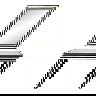Mid-Century Modern Resin Black & White Console & Mirror a Set 2 Pcs: A chic and timeless Mid-Century Modern console or table with matching mirror in a geometric style featuring white and black stripes. Very modern and simply exquisite, the pair would look stunning in a
