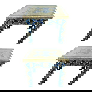Hollywood Regency Style Moroccan Brass Blue Rectangular Side or End Table, Pair: An exceptional pair of Hollywood Regency style Moroccan white brass inlaid wood end or side tables in blue Majorelle. Designed by master artisans, handcrafted using fine white brass and hand painted i
