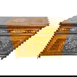 Italian Neoclassical Marquetry Decorative Crafts Three Drawer Chest or Commode: A neocliassical Italian mahogany three drawer chest or commode, characterized by its exquisite craftsmanship and elaborate marquetry. The front features intricate inlaid designs, showcasing a central