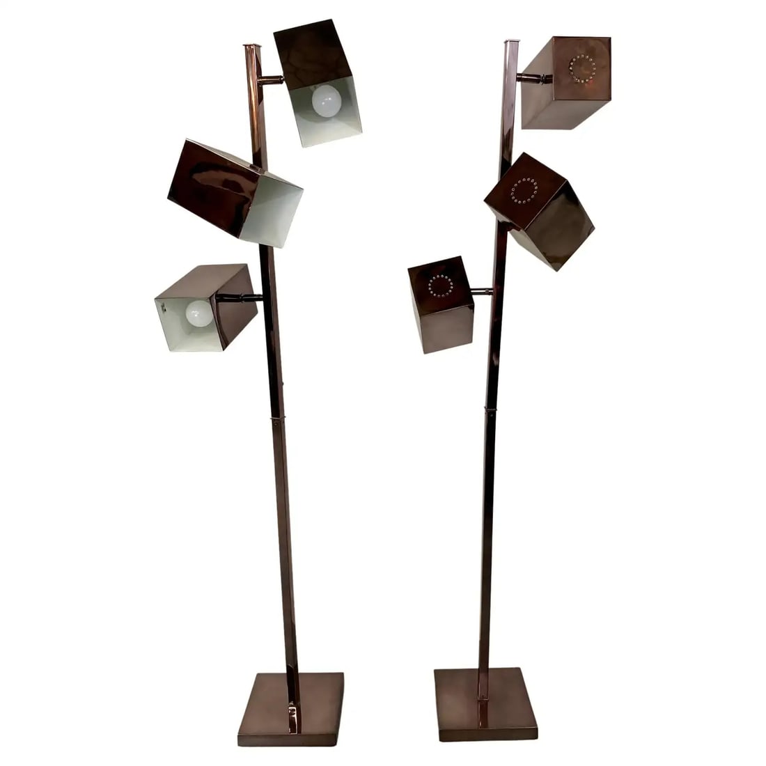 Robert Sonneman Mid Century Modern Copper Finish Cubist Floor Lamp , a Pair: A pair of Mid Century Modern with brutalist flair cubist floor lamps by Robert Sonneman. Made of high quality metal in copper finish, the exceptional floors lamps feature three light with a rectangula