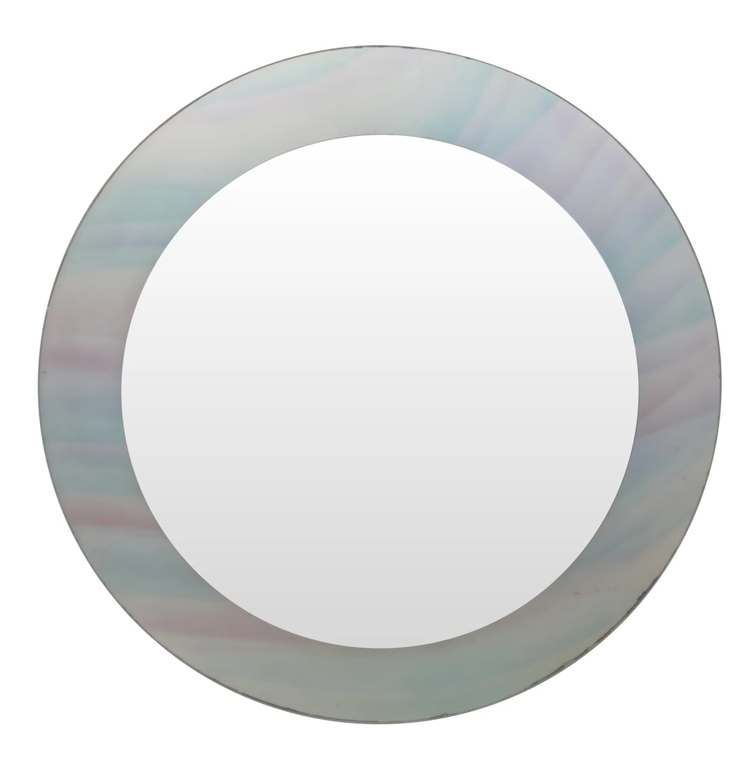 David Marshall Signed Modern Stained Glass Pastel Color Round Frame Mirror: An exquisite Modern round mirror by David Marshall. The mirror frame finely crafted of hand cut stained glass is artfully painted in cheerful pastel tones. The mirror is signed by David Marshall on th