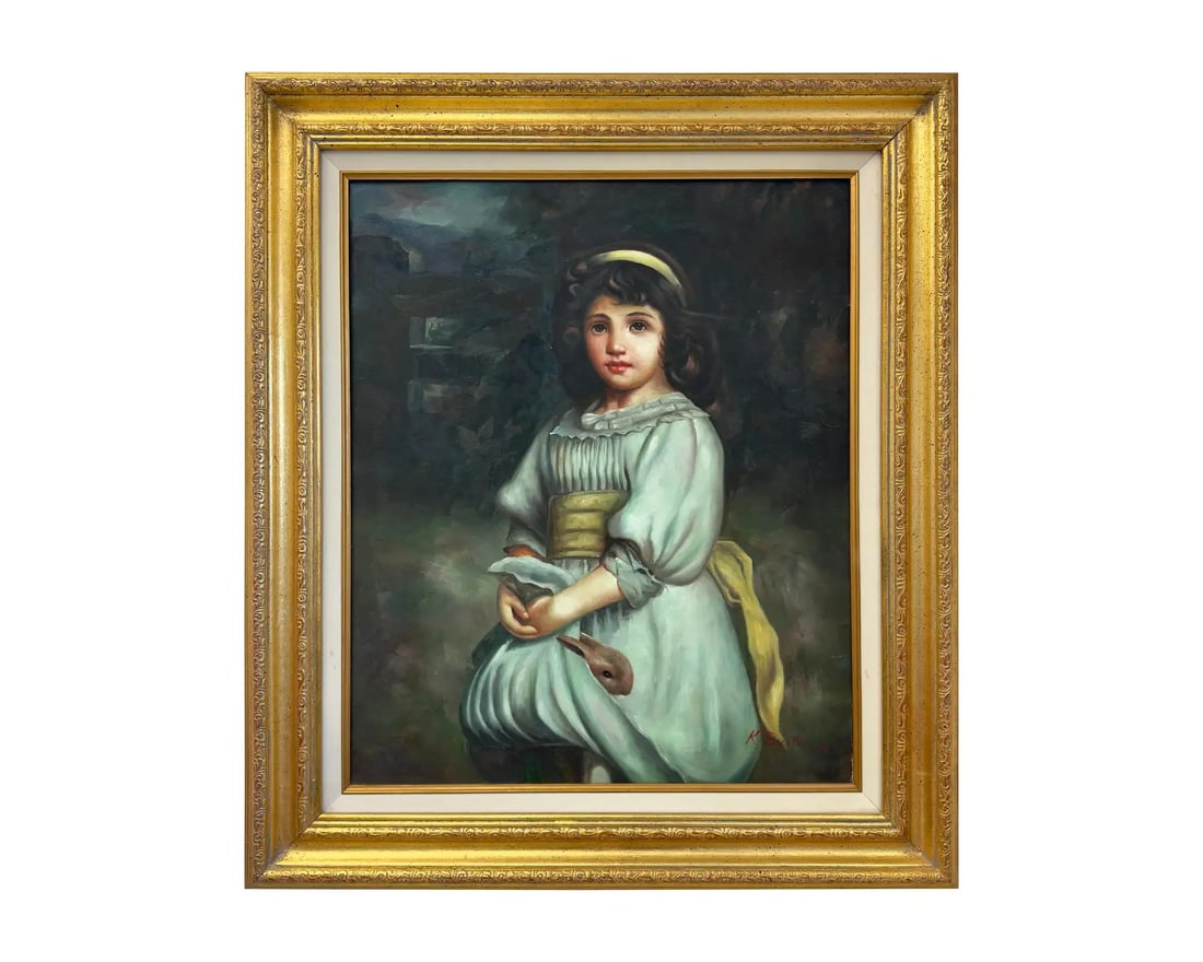 Portrait of a Young Girl Oil on Canvas By K. Burton, Signed and Framed 1980's (1 of 2)