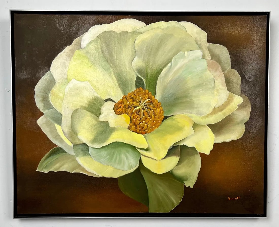 Modern Floral Still Life with White Bloom Oil on Canvas Signed by artist 1990's: This decorative painting features a luminous white flower rendered at dramatic scale, its softly layered petals unfolding around a richly textured golden center.