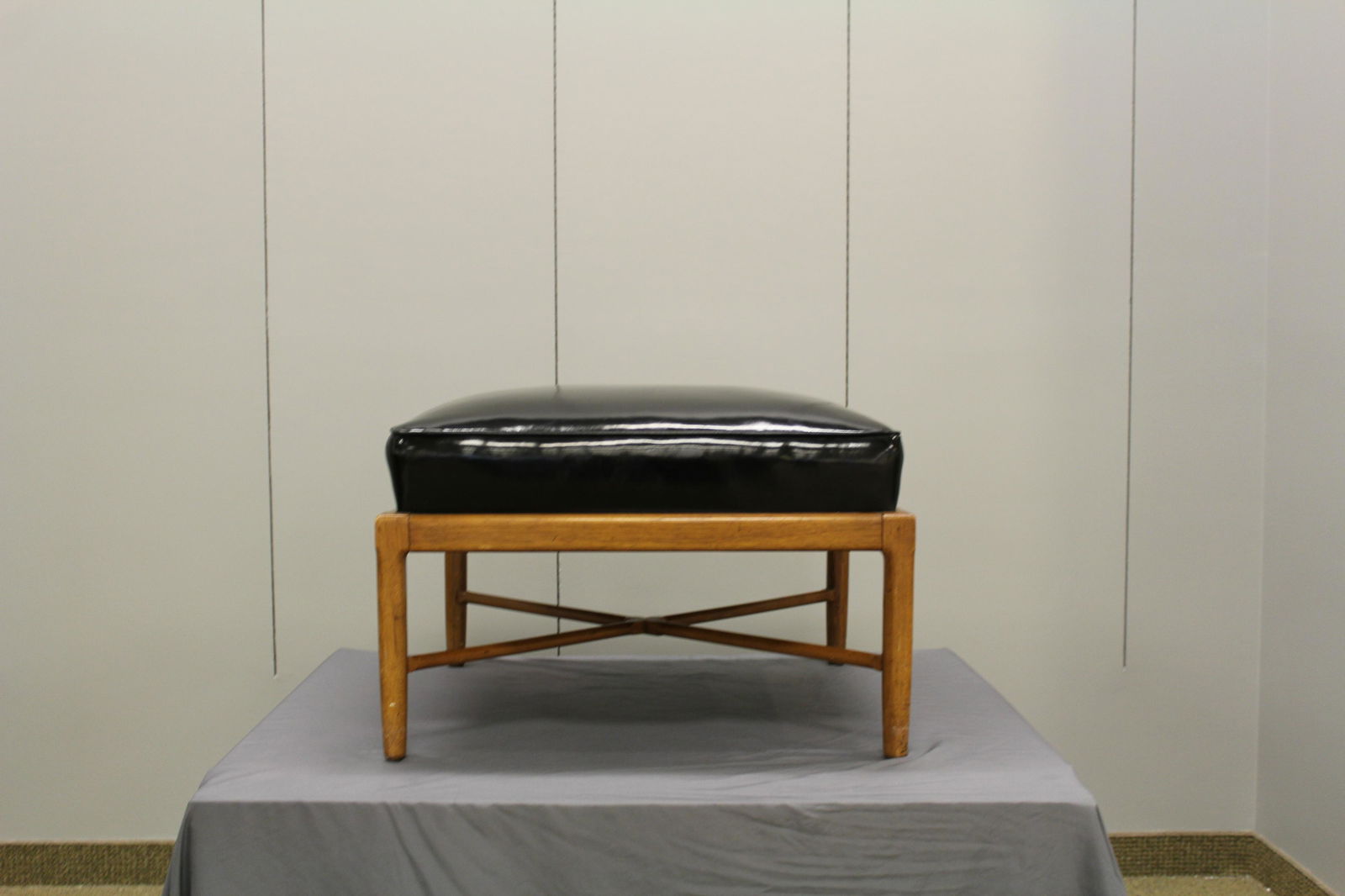 Mid Century upholstered fruitwood square ottoman (1 of 4)