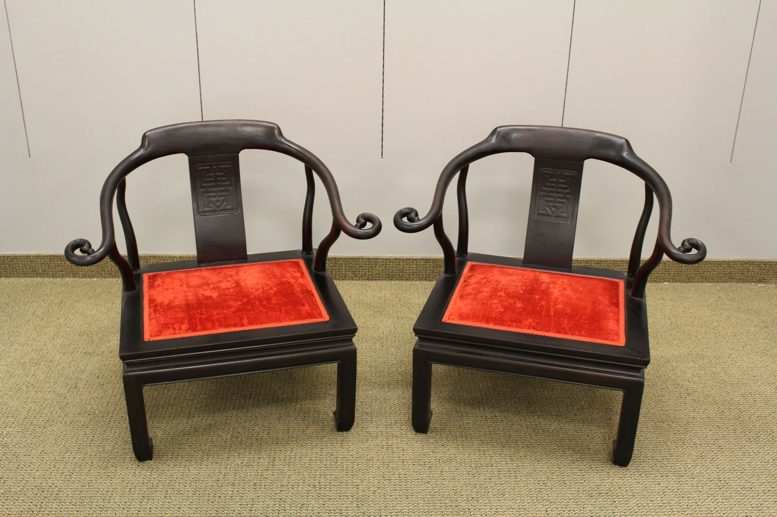 Pair Chinese carved upholstered low chairs (1 of 10)